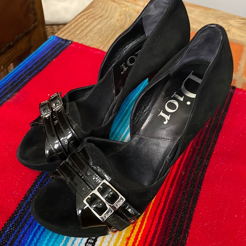 Dior black suede and patent leather buckle heels size 35.5